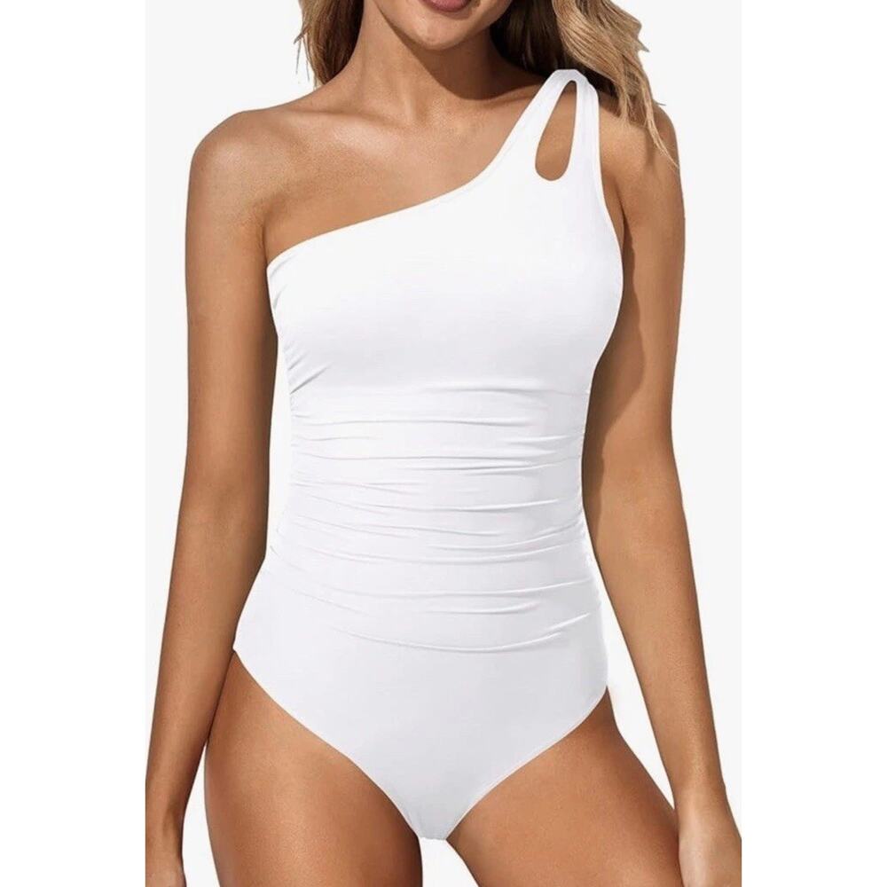BNWT Holipick White One Shoulder Ruched Tummy Bathing Suit Orig $35 Size Large
